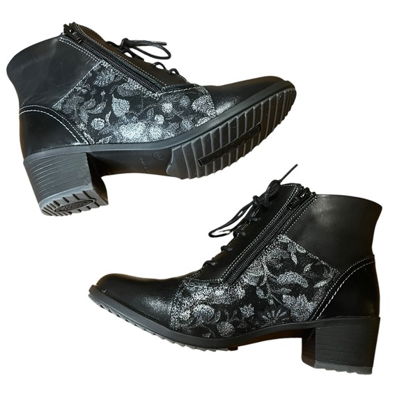 Suave Air Comfort Metallic Silver Floral Leather Black Lace-Up Ankle Boots - Picture 5 of 8